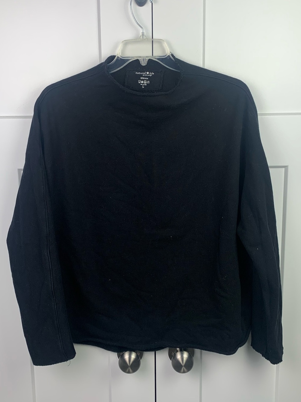 Natural Life LARGE Black Cotton Terry Sweatshirt Pullover Mock Neck Rolled Hem